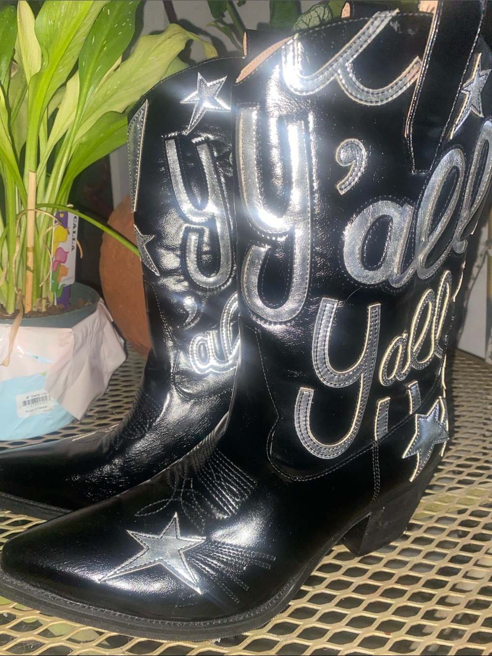 Black Western Boots with Silver Star & 'Y'all' Embroidery